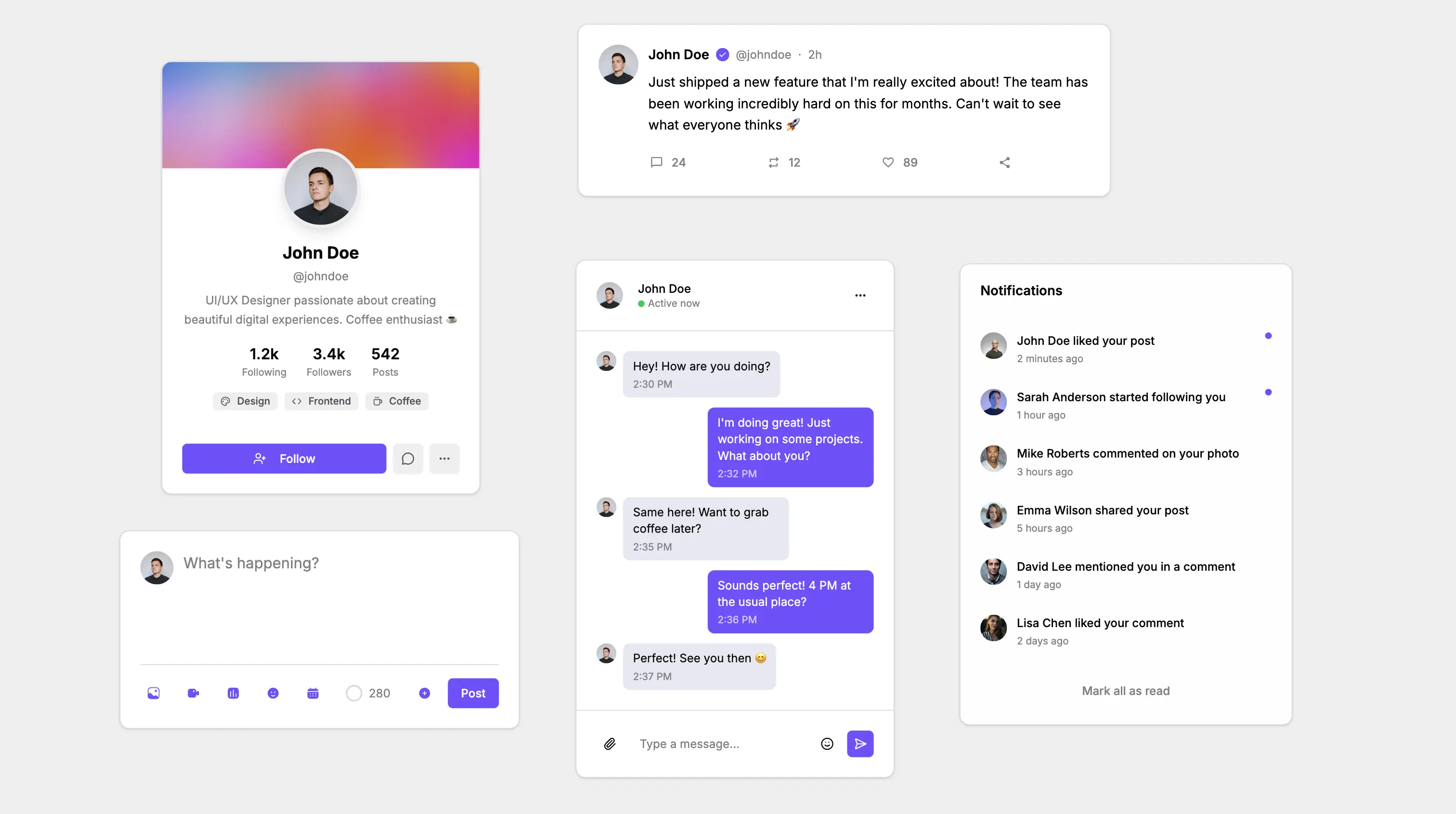 UI component template collection with user profile cards, post cards, chat widgets, and notification lists