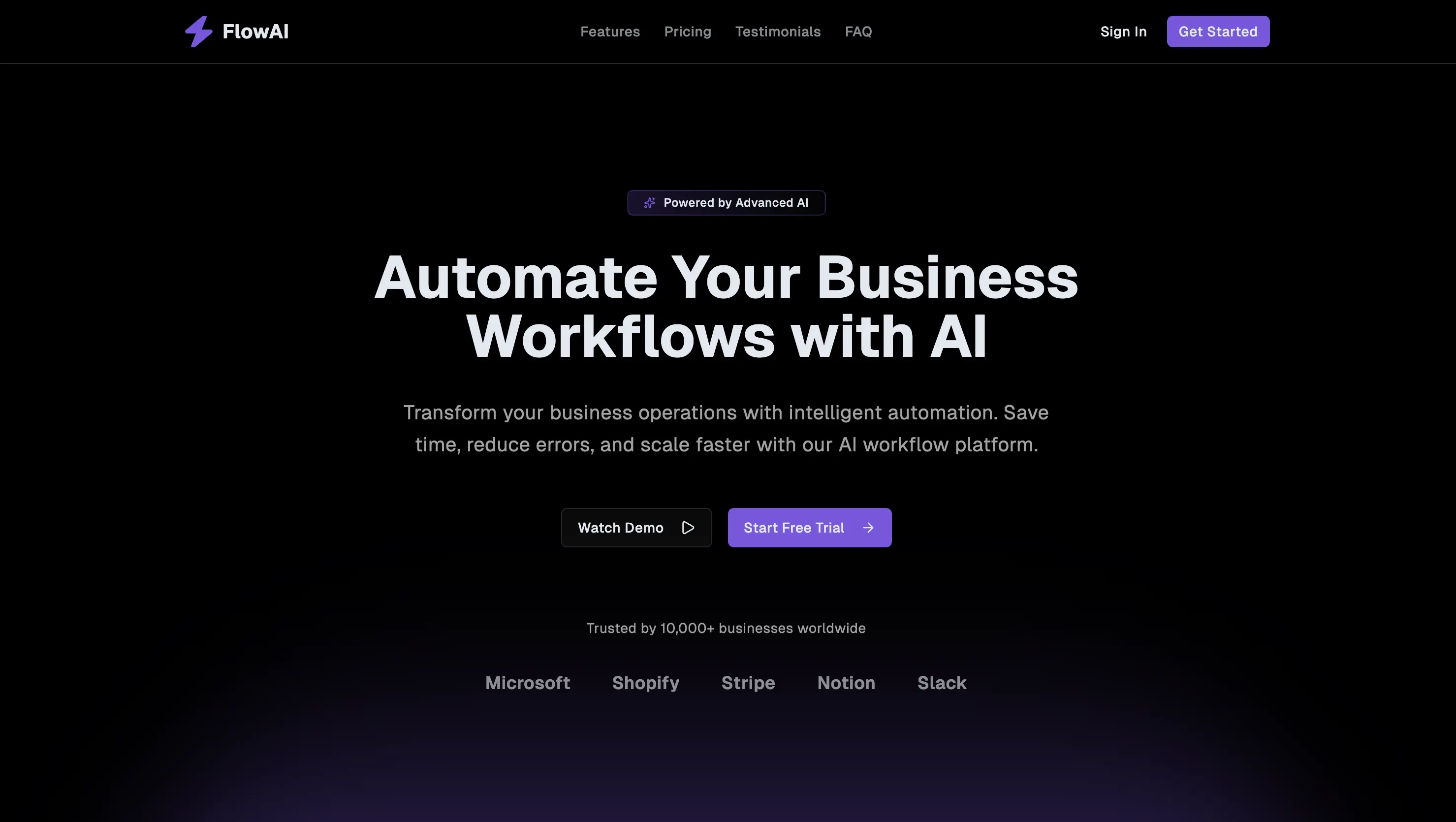 Landing page with hero, features, pricing, testimonials, FAQ and call to action sections